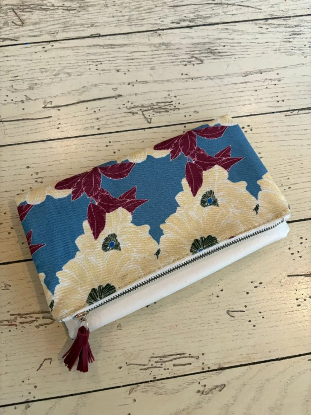 Rachel Pally Floral Printed Canvas Leather Trim Clutch Bag Tassel Zipper